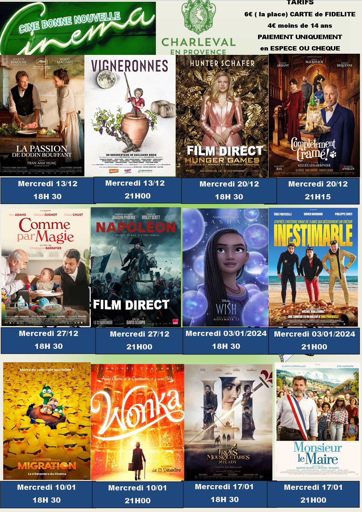 Cin bonne nouvelle programme du 13 12 au 17 01 2024